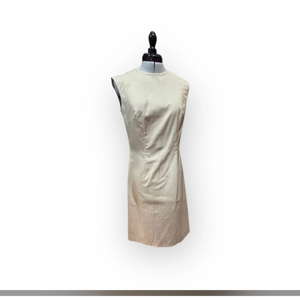1960s Beige Linen Sheath Dress Sleeveless Minimalist Vintage XS